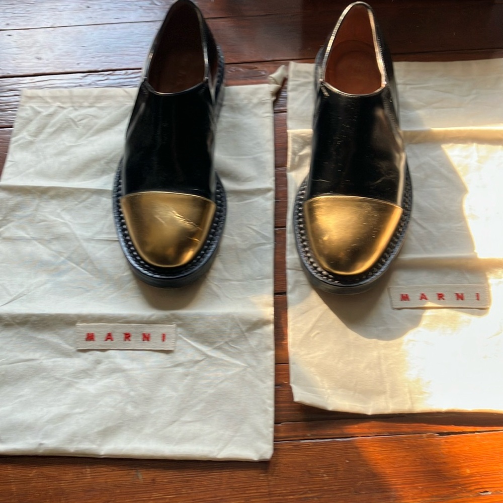 Gold/Black Marni Carbone Moccasin Leather Loafer Oxfords